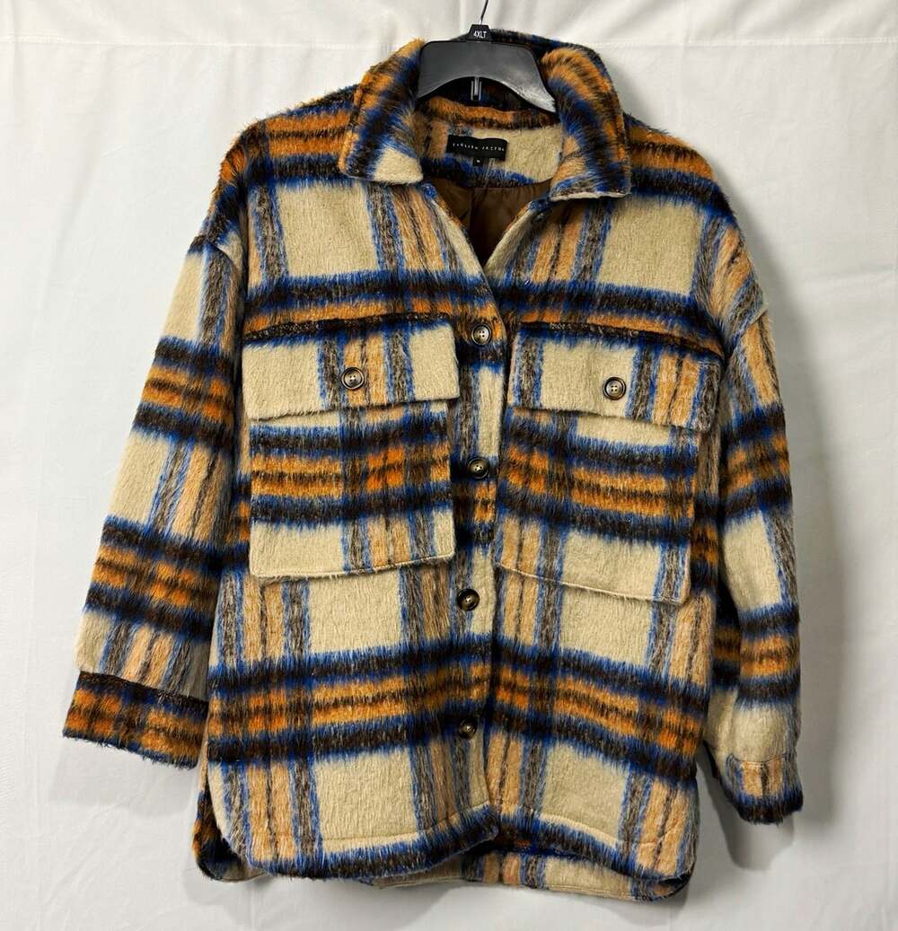 English Factory Womens Brushed Wool Blend Plaid Button Shacket Sz Medium